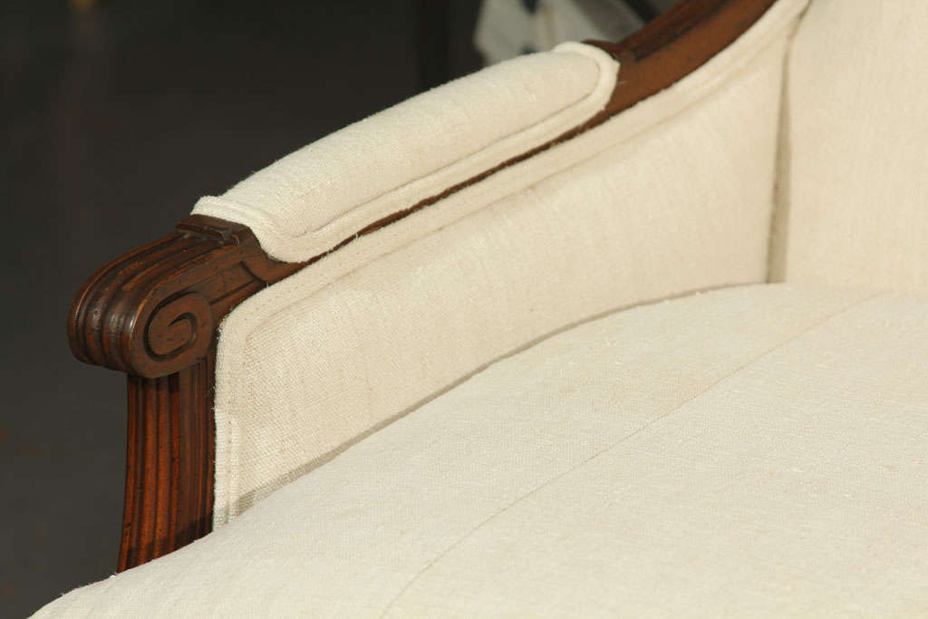 Wood French Linen Loveseat For Sale