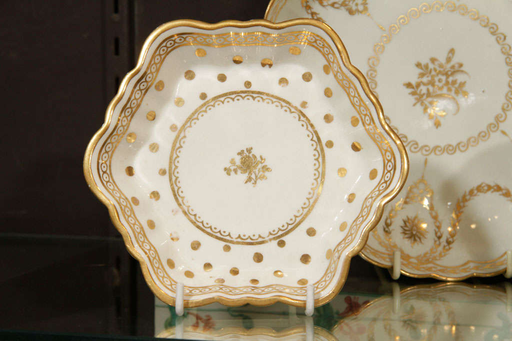 A collection of English 18th and early 19th century porcelains including Caughley, Spode, and Worcester.
These dishes are part of our collection of white and gilt English and European porcelains.