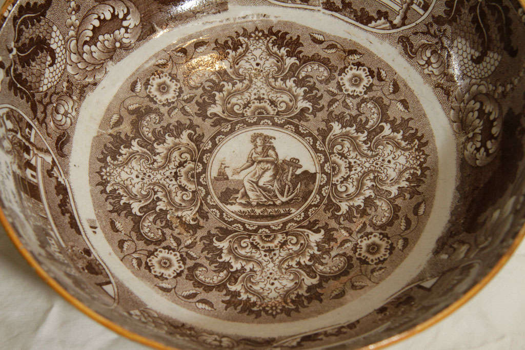 A Staffordshire Brown Transferware Pearlware Punch Bowl In Excellent Condition In Katonah, NY