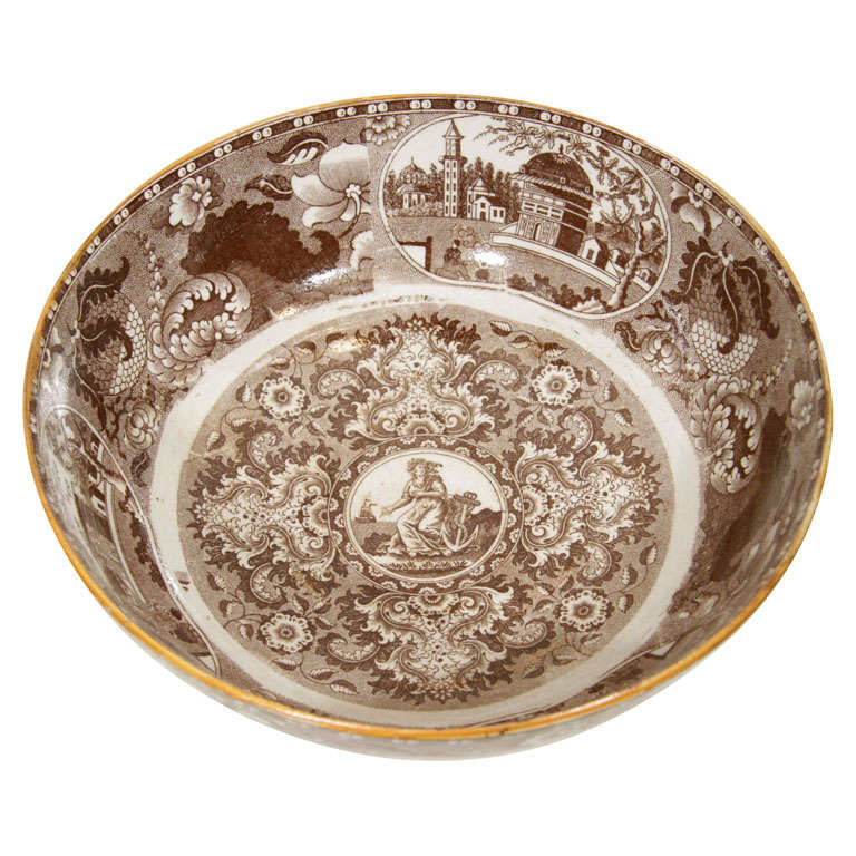 A Staffordshire Brown Transferware Pearlware Punch Bowl