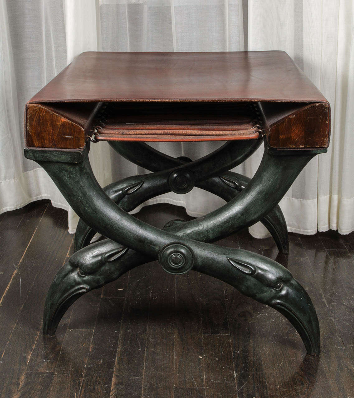 Italian Leather and Bronze Bench, Italy, 19th Century For Sale