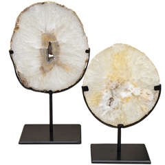 Two Agate Geode Slices Mounted on Forged Iron Stands