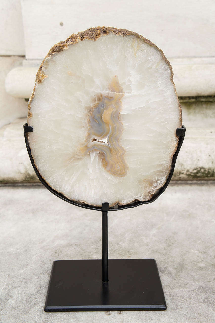 Two Agate Geode Slices Mounted on Forged Iron Stands In Excellent Condition In Hudson, NY