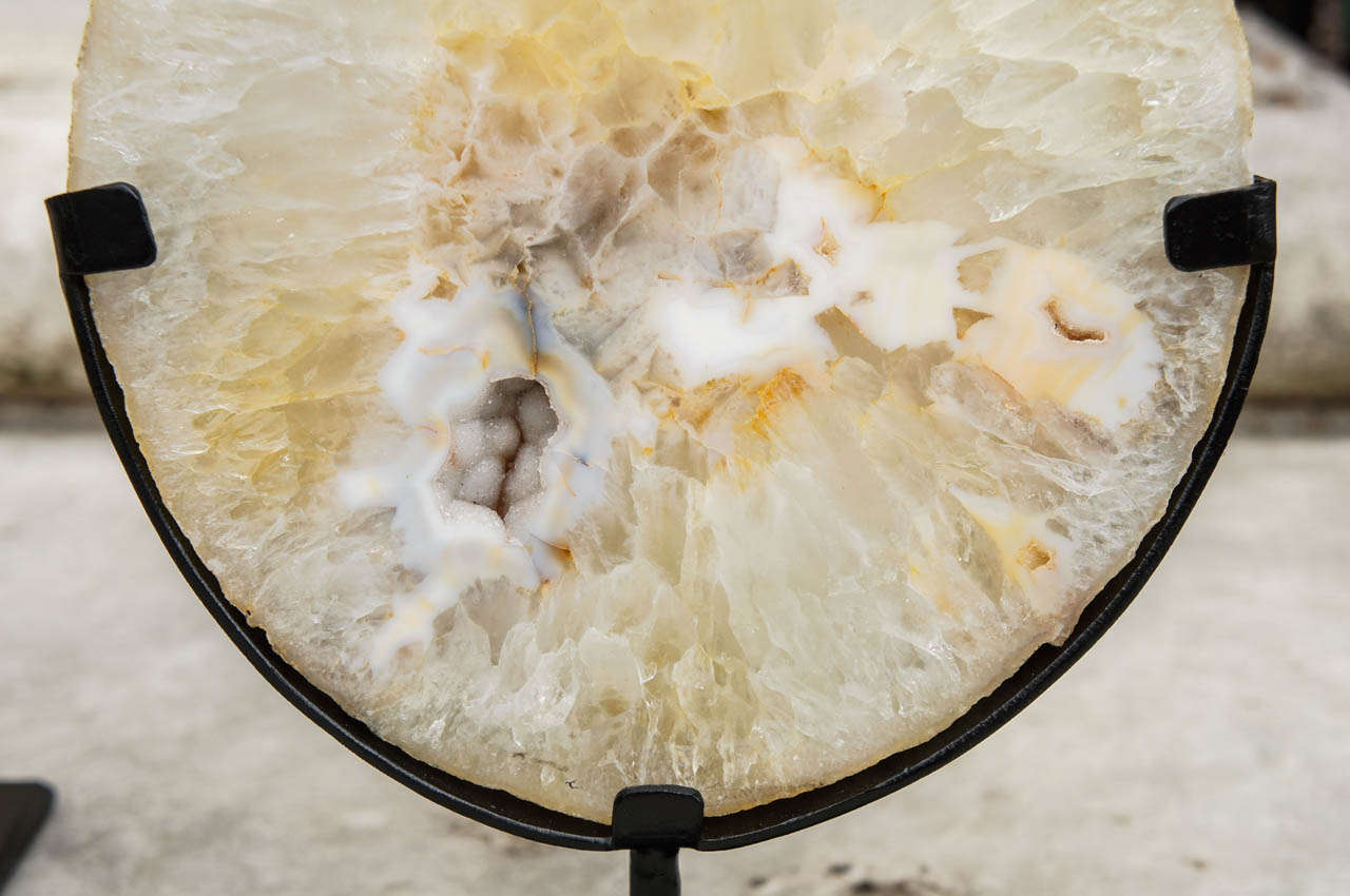 20th Century Two Agate Geode Slices Mounted on Forged Iron Stands