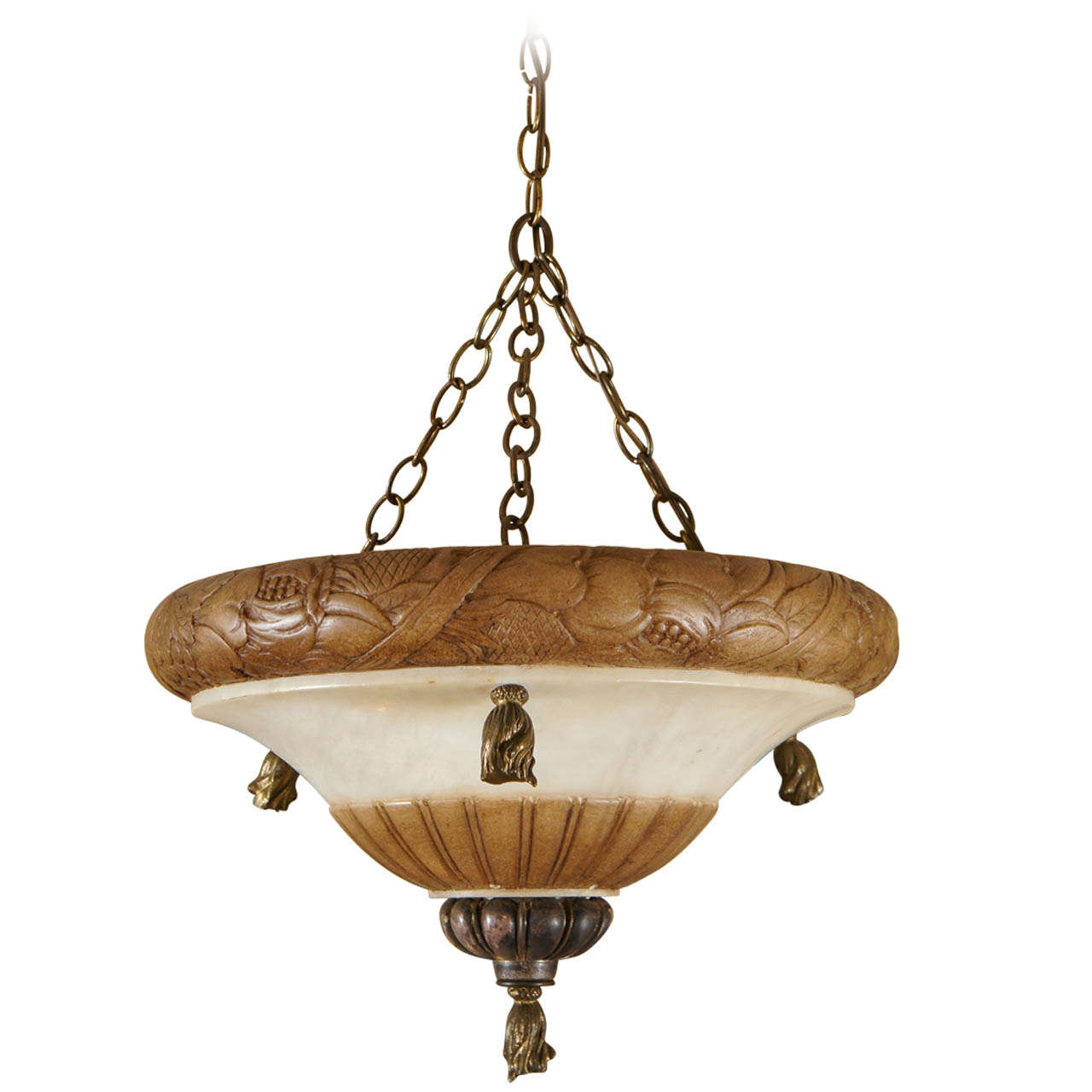 Carved Alabaster and Silvered Bronze Bowl Fixture For Sale