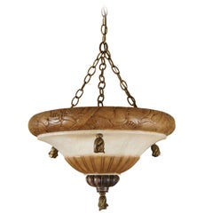 Carved Alabaster and Silvered Bronze Bowl Fixture