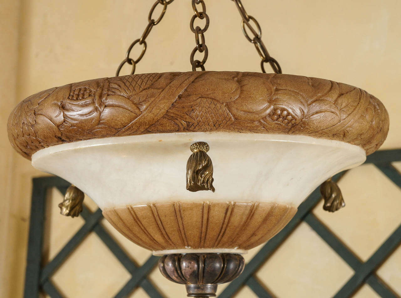 French Carved Alabaster and Silvered Bronze Bowl Fixture For Sale