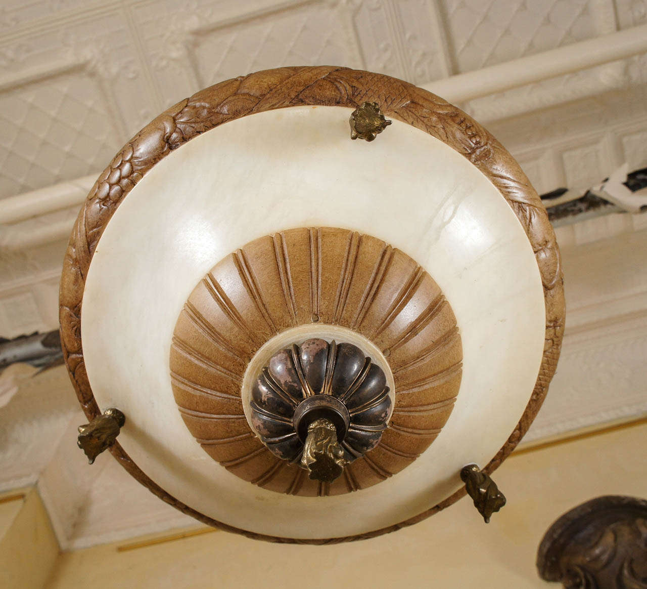 Carved Alabaster and Silvered Bronze Bowl Fixture In Good Condition For Sale In Hudson, NY