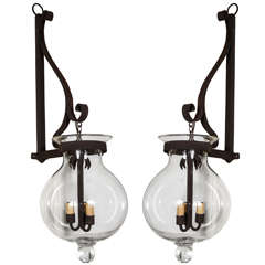 A Pair of Vintage Iron & Hand Blown Glass Sconces