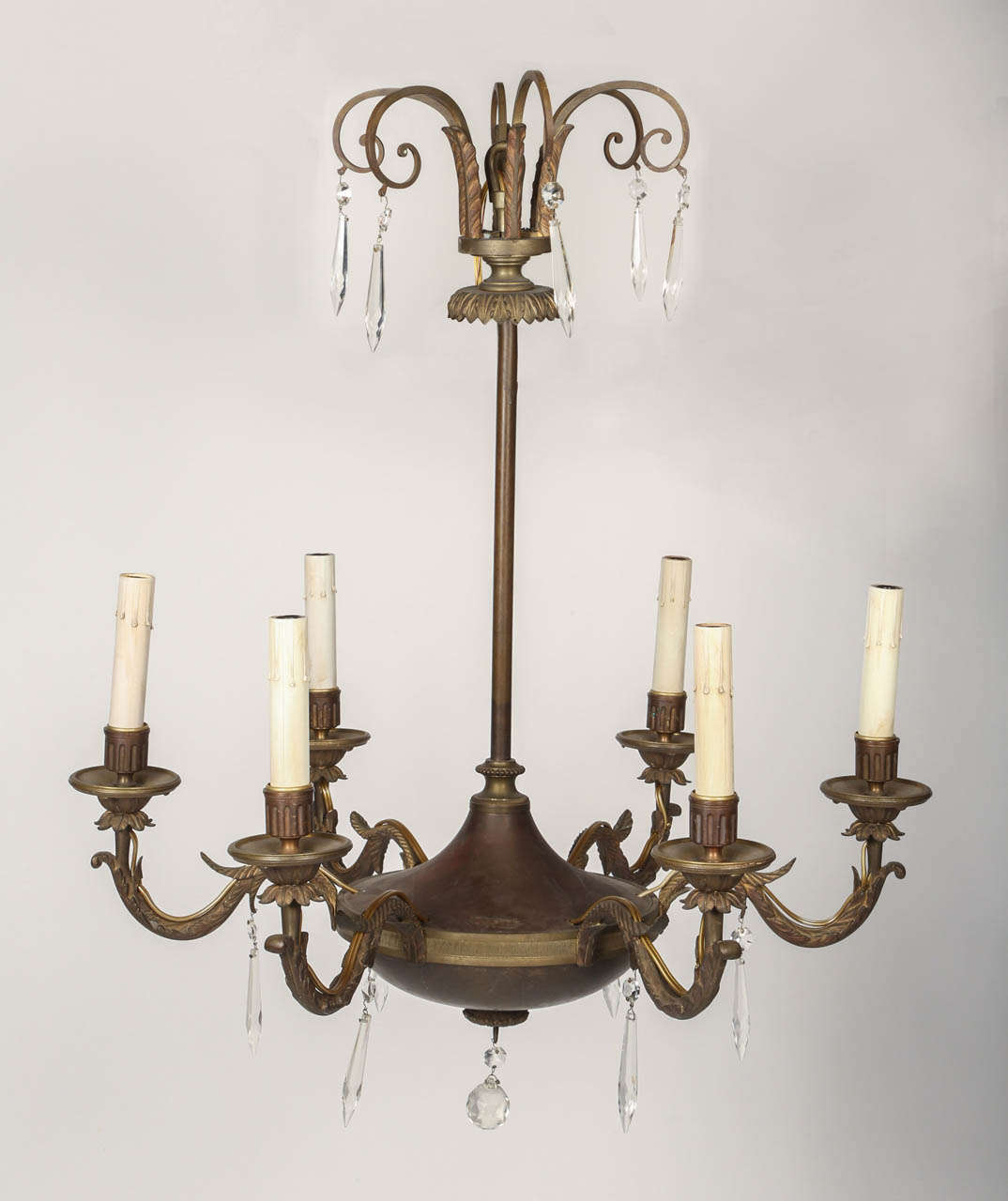 Lovely antique French bronze, six-light chandelier. A superb casting with ornate detail on the arms and corona. Pleasantly provides an inviting glow wherever it's hung. No repairs, completely rewired. This is an wonderful example of old world