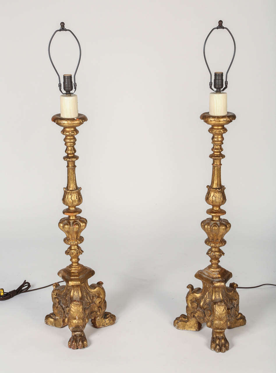 These large pricket lamps provide the perfect balance for rooms with large-scale and impact. Beautiful hand gilding. Newly wired.
