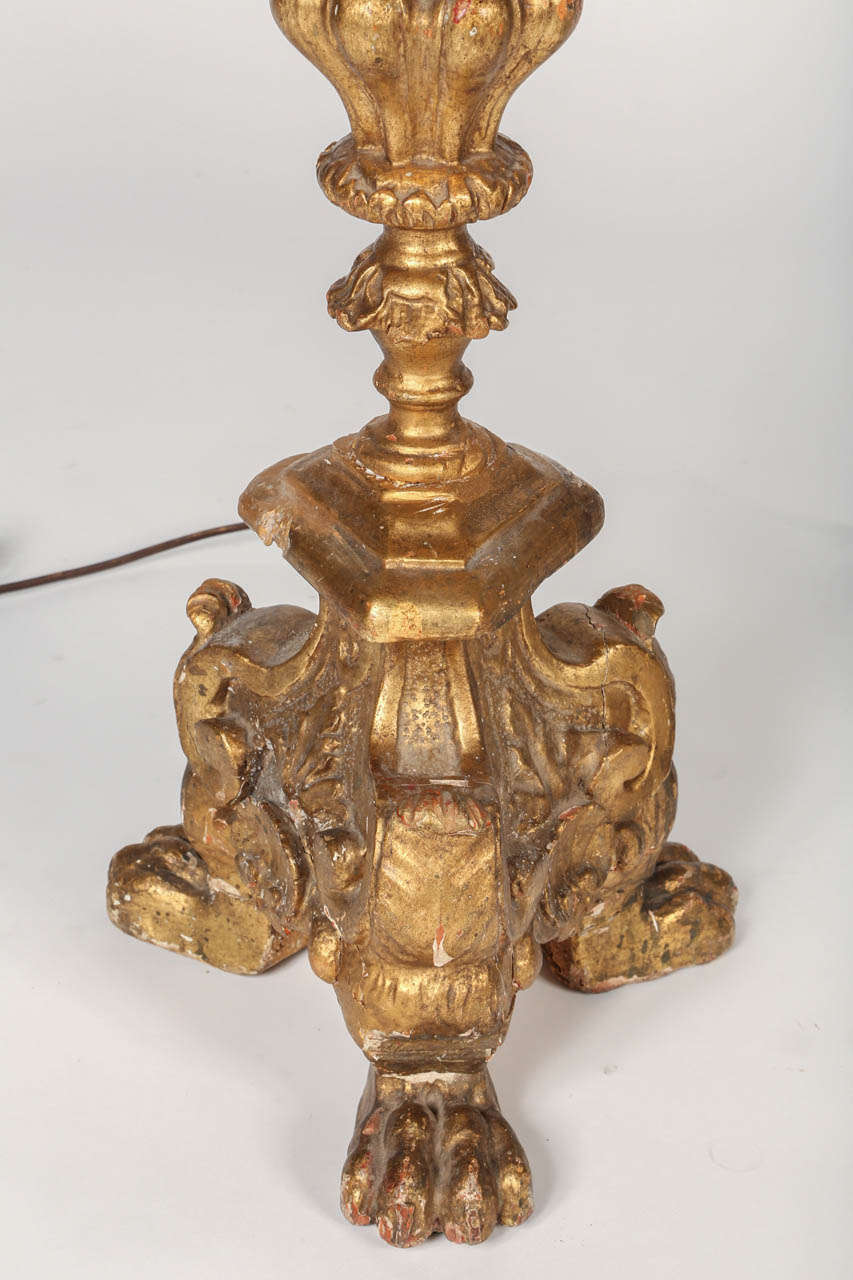 19th Century  Pair of Renaissance Style Giltwood Pricket Lamps