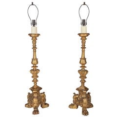  Pair of Renaissance Style Giltwood Pricket Lamps