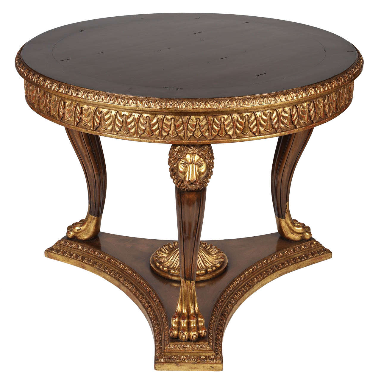 Table centrale à tête de lion en bois doré et noyer