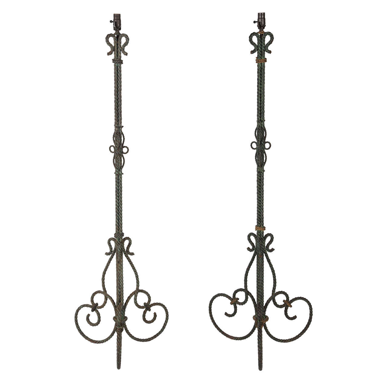 1940's French Gilt-Iron Rope Floor Lamps, Pair For Sale