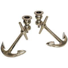 Pair of Mid-Century Nautical Motif, Nickel-Plated, Anchor Candleholders