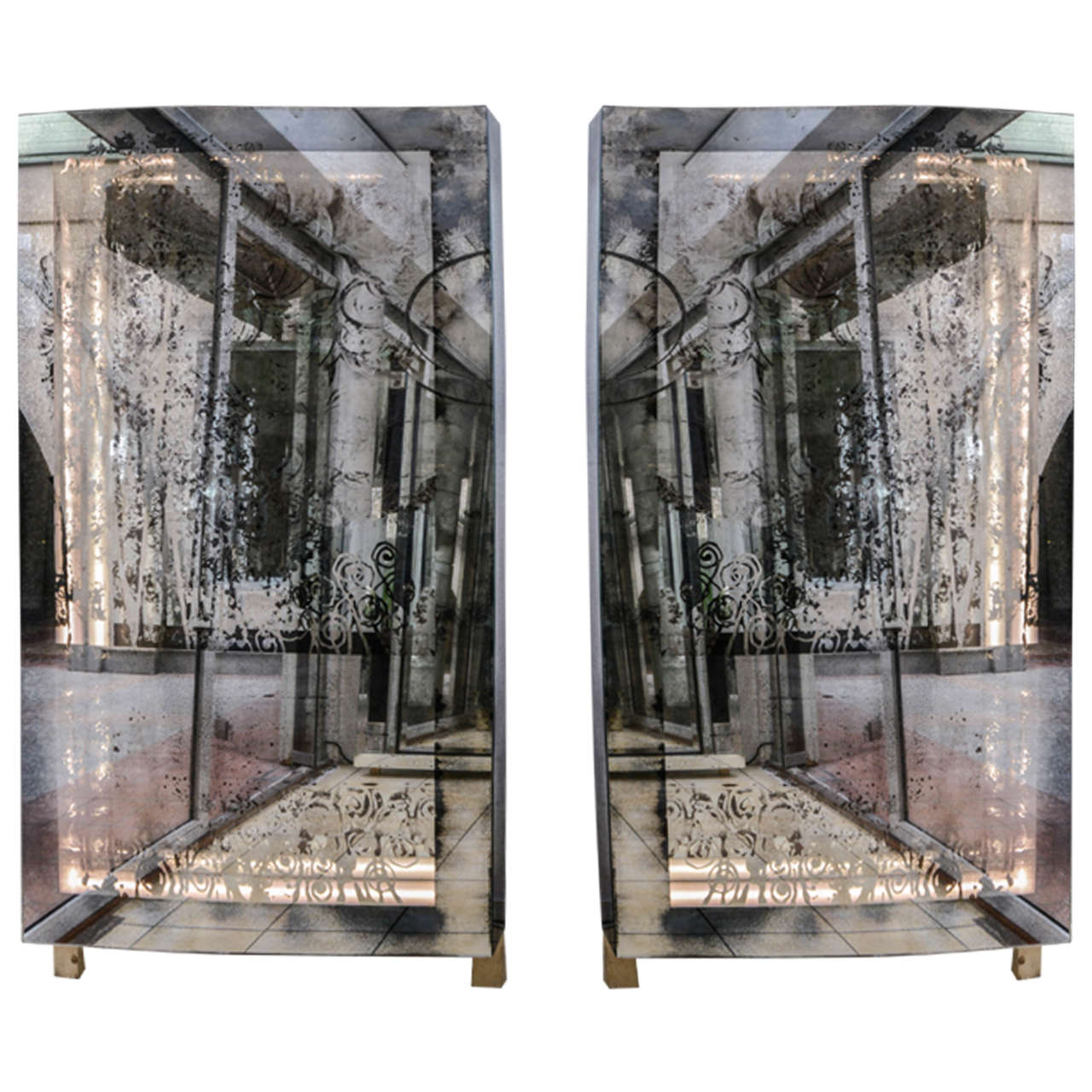Unusual Pair of Illuminated Mirrors with Etched Glass