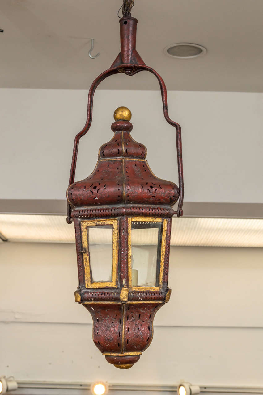 Pair of Venetian Red and Gilt Tole Lanterns, Italy circa 1780, recently electrified