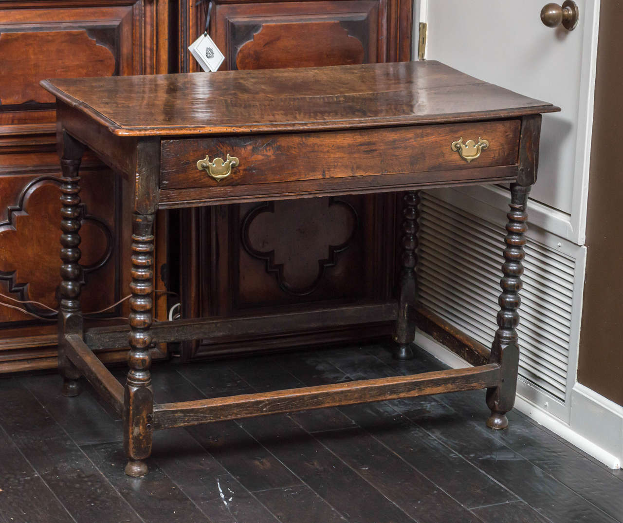 English oak side table with single drawer and bobbin turned legs, circa 1780