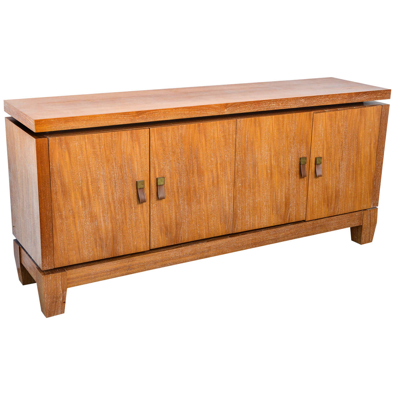 French Modern Cerused Oak and Leather Four-Door Credenza, Style of Jacques Adnet