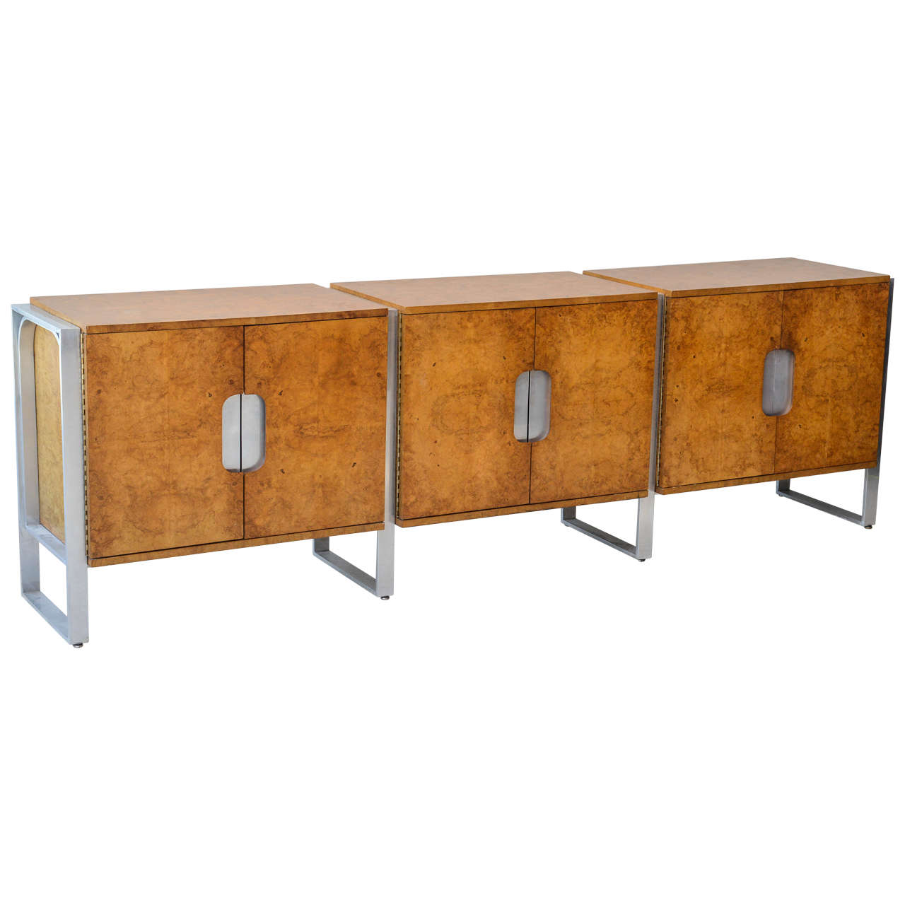 American Modern Burl Walnut and Brushed Chrome Sideboard/Buffet, Pace Collection