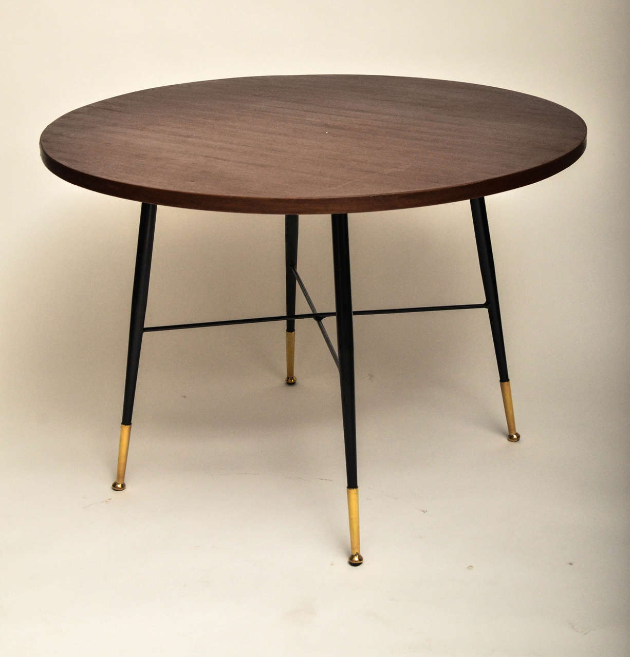 Pair of Walnut Black Metal Base Tables with Brass Feet