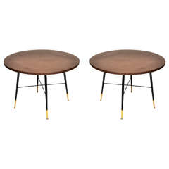 Pair of Walnut Black Metal Base Tables with Brass Feet Pair of Walnut Black Metal Base Tables with Brass Feet