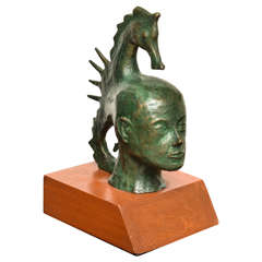 Petite Bronze Sculpture of a Fused Female Head and Seahorse