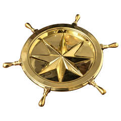 Vintage Nautical Themed Brass Ash Tray with Rotating Ship Wheel Cover and Star Center