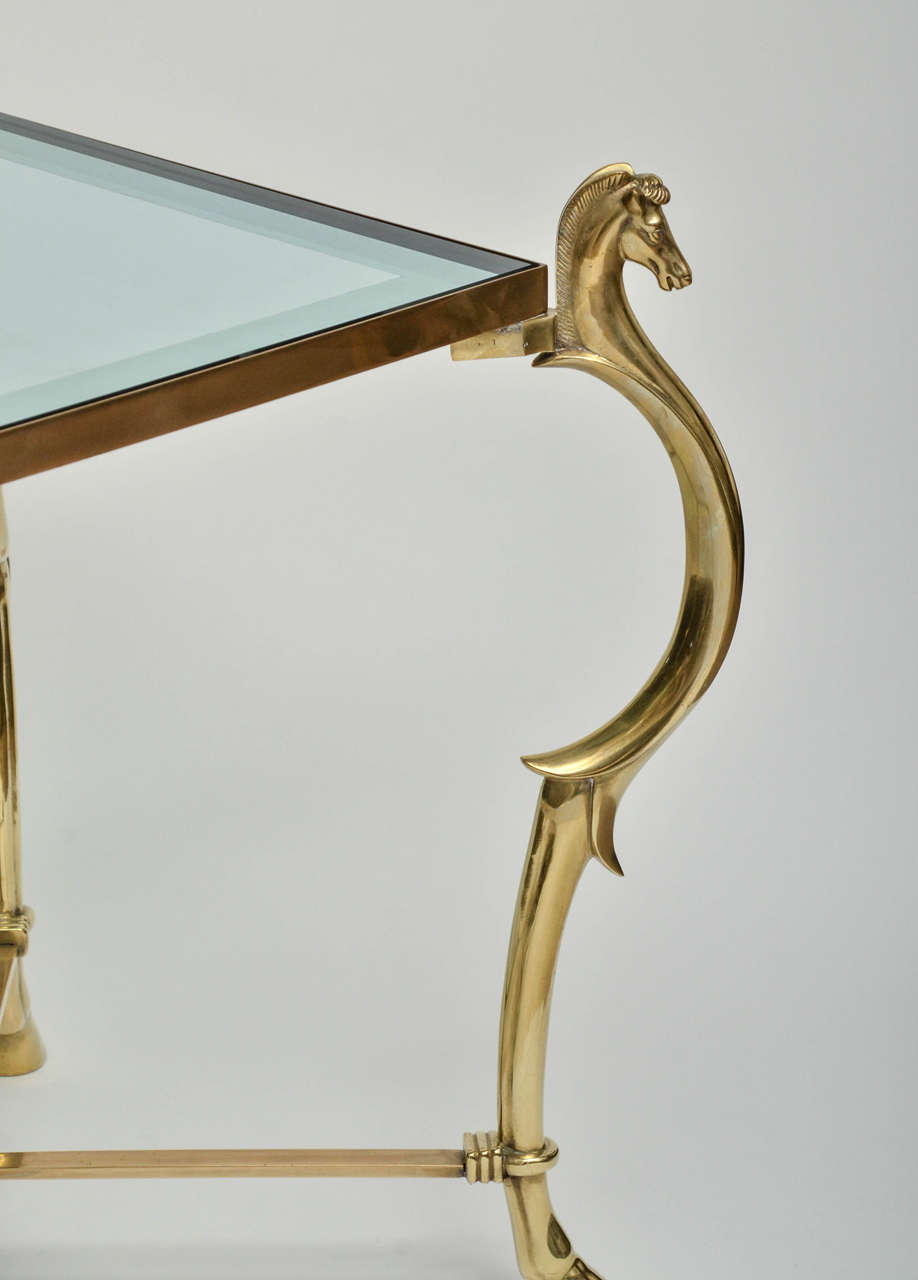 Mid-Century Modern Pair of Curvilinear Brass Side Tables with Horse Head Finials