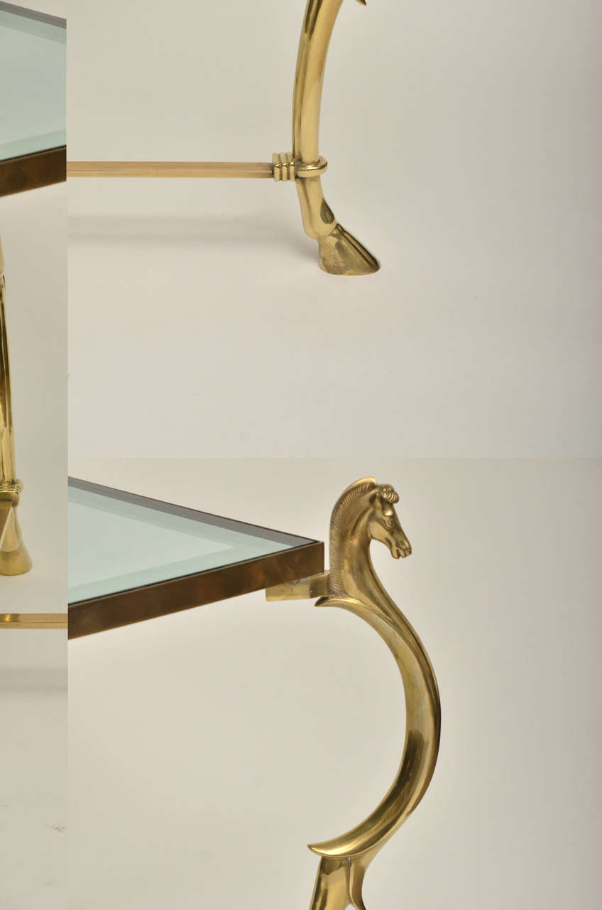 20th Century Pair of Curvilinear Brass Side Tables with Horse Head Finials