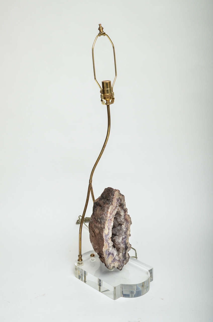Pair of Brass and Lucite Base Lamps Featuring Large Geodes