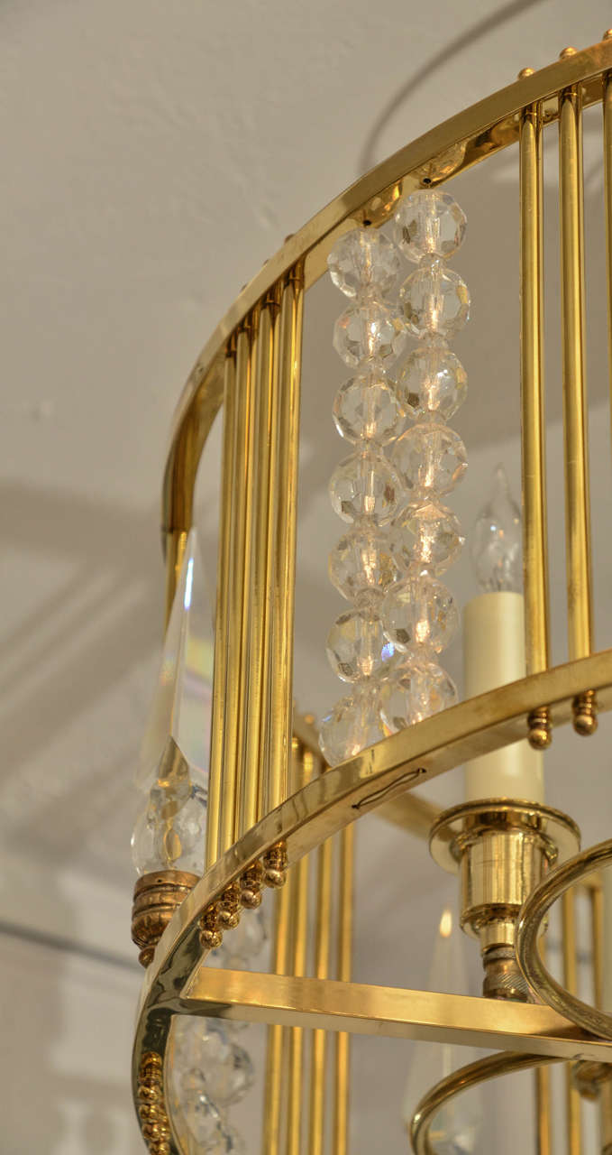 Mid-Century Modern Drum Form Brass Chandelier with Decorative Bead and Prism Details