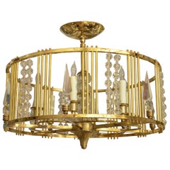 Drum Form Brass Chandelier with Decorative Bead and Prism Details