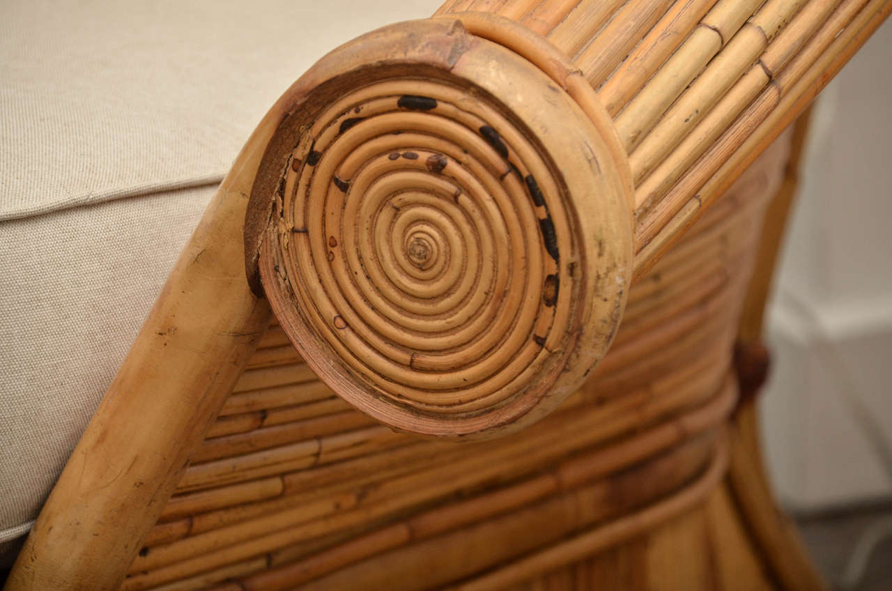 Large Pair of Rattan Chairs with Upholstered Linen Cushions at 1stDibs