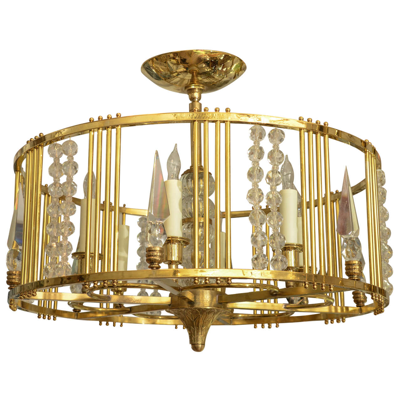 Drum Form Brass Chandelier with Decorative Bead and Prism Details For