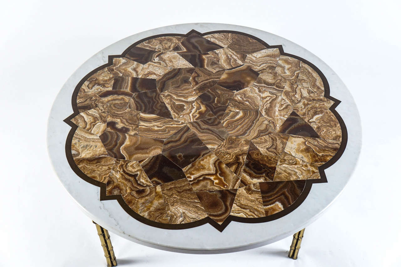 Hollywood Regency Agate, Marble and Brass Round Cocktail Table