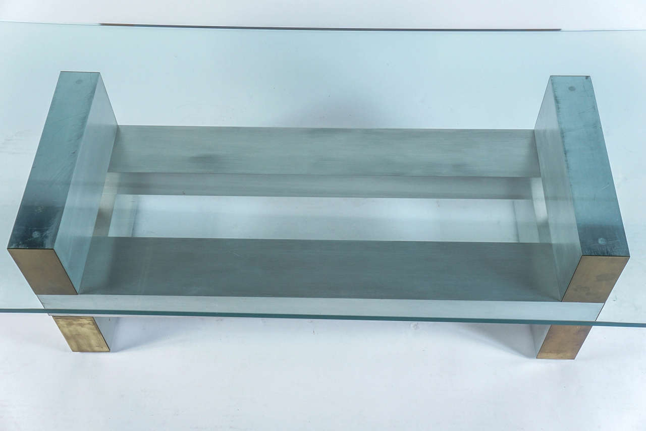 American Glass, Brushed Steel and Brass Cocktail Table in the Style of Paul Evans
