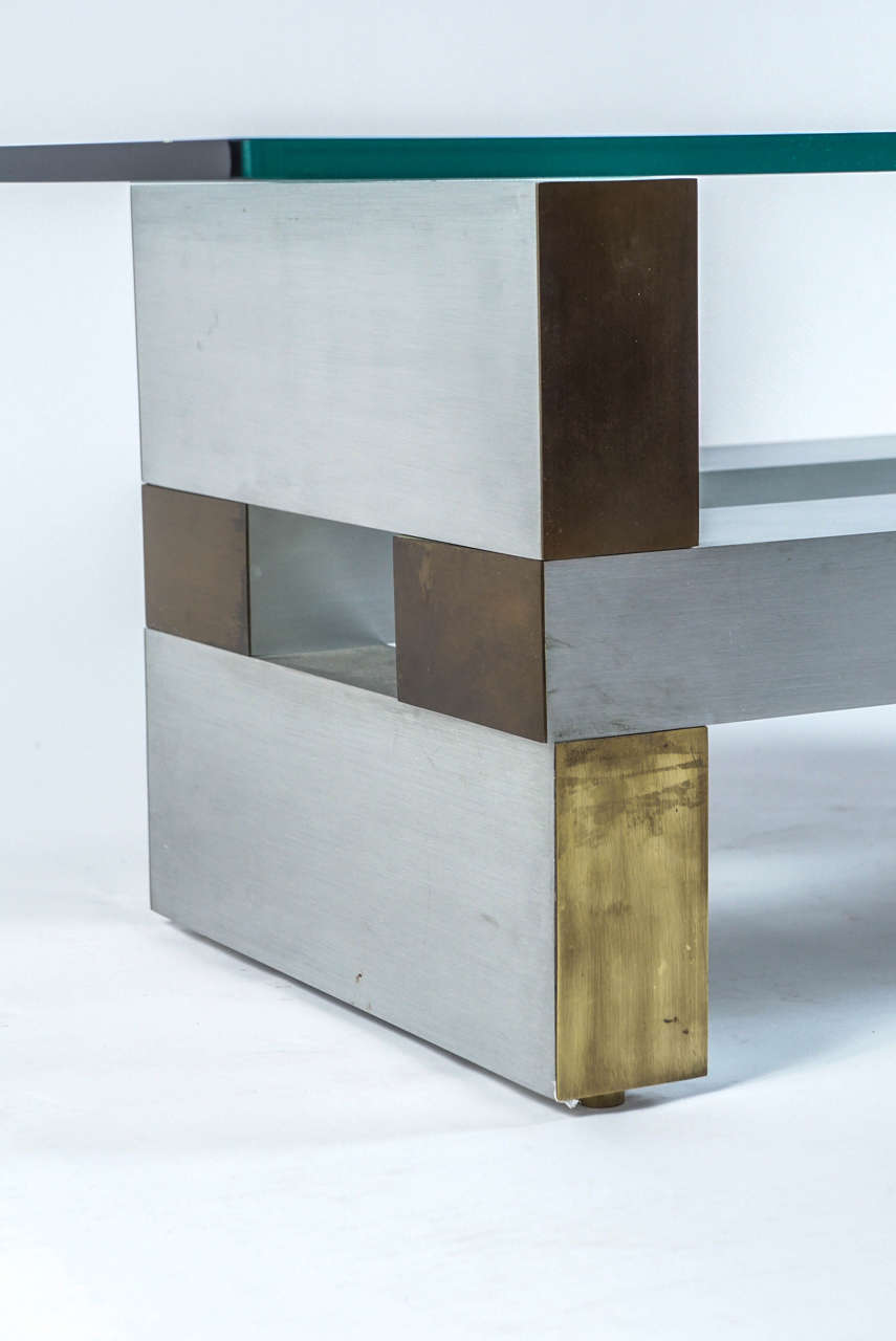 Glass, Brushed Steel and Brass Cocktail Table in the Style of Paul Evans In Good Condition In Kingston, NY