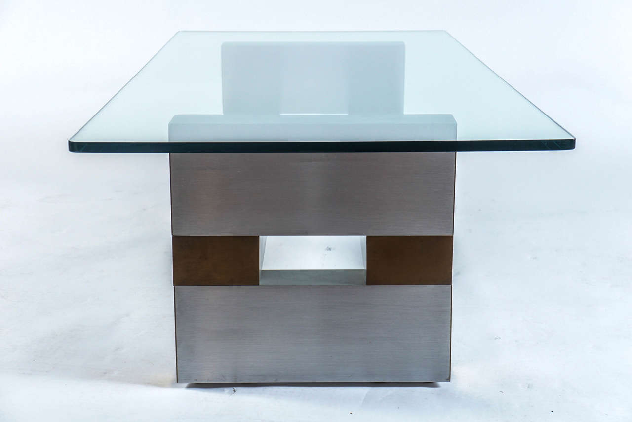 Late 20th Century Glass, Brushed Steel and Brass Cocktail Table in the Style of Paul Evans