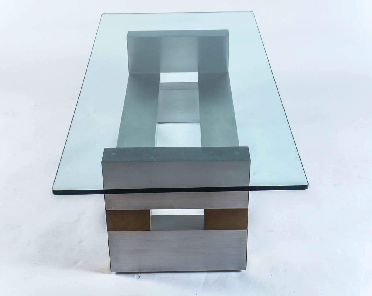 Glass, Brushed Steel and Brass Cocktail Table in the Style of Paul Evans 1