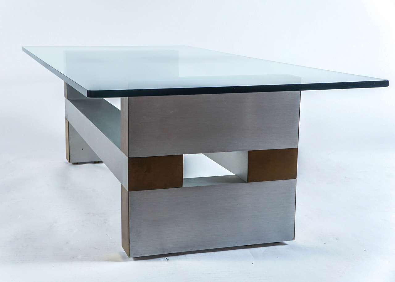 Glass, Brushed Steel and Brass Cocktail Table in the Style of Paul Evans 2