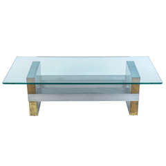 Glass, Brushed Steel and Brass Cocktail Table in the Style of Paul Evans