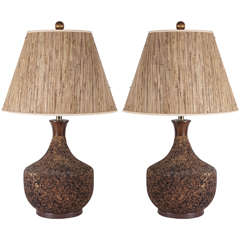 Pair of Oversized Cork and Wood Table Lamps