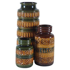 Trio of Green and Brown West German Pottery Vases