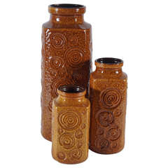 A Trio of Amber Glazed MCM West German Pottery Vases