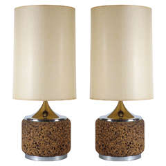 A Pair of Monumental Cork and Chrome Table Lamps