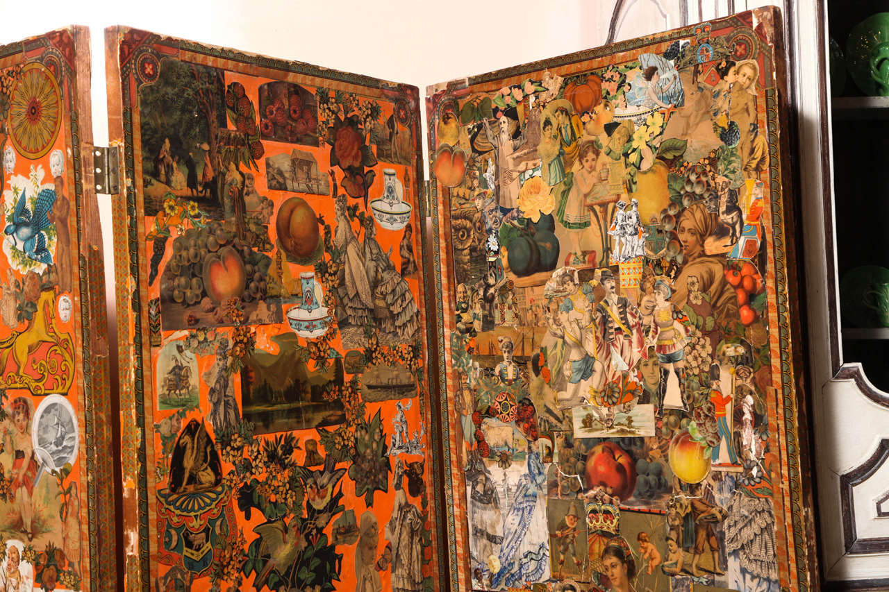 Wood Late 19th Century Victorian Decoupage Four-Panel Screen For Sale