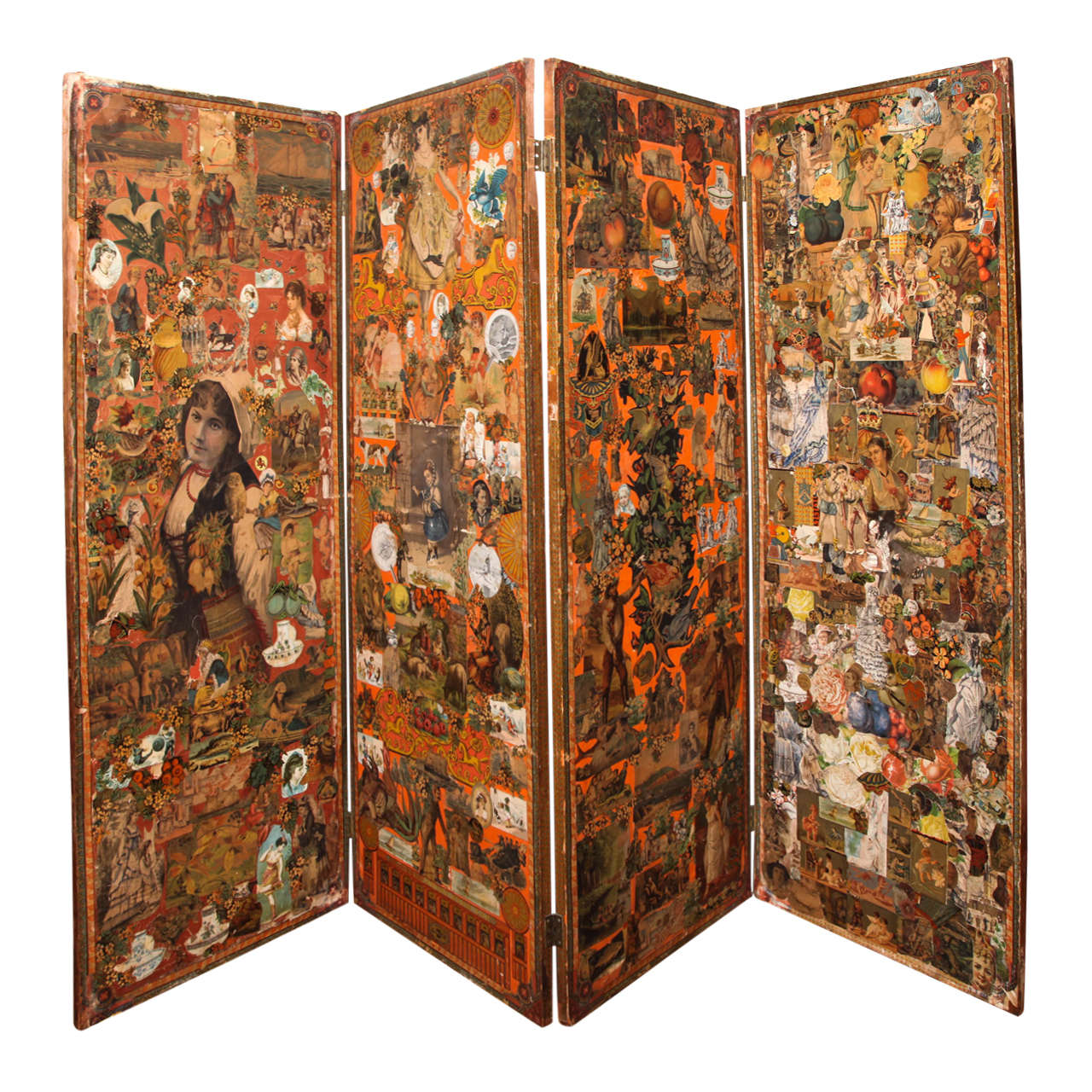 Late 19th Century Victorian Decoupage Four-Panel Screen For Sale