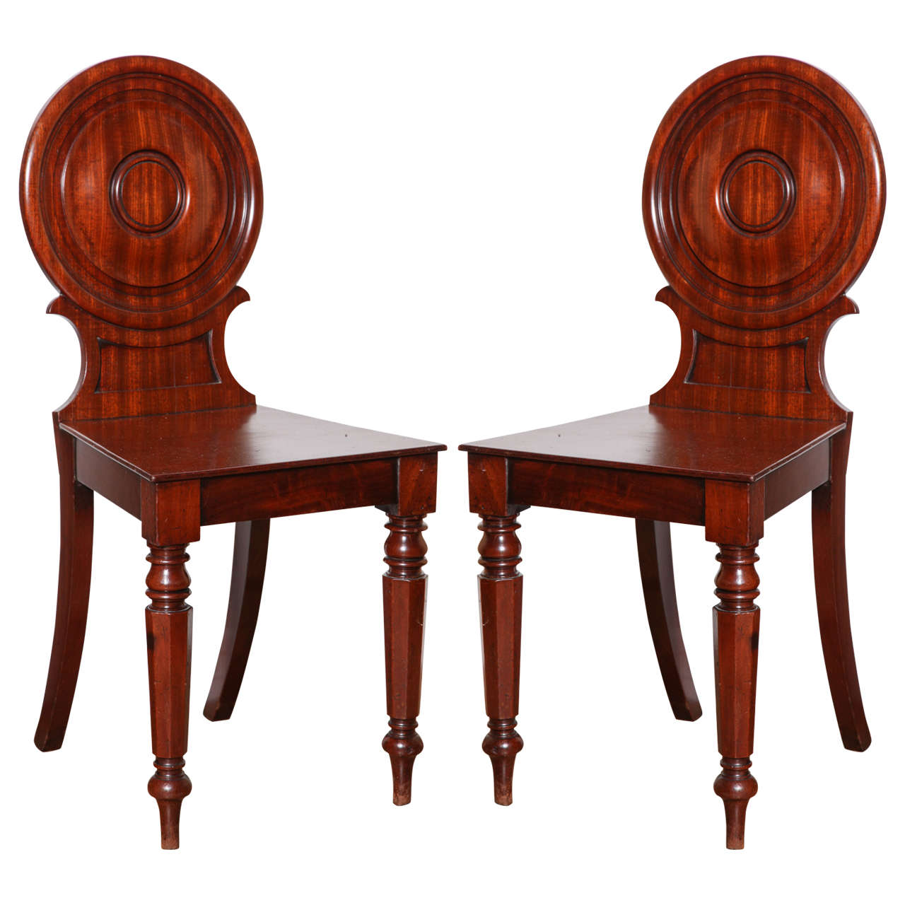 Pair of Carved Mahogany Hall Chairs, England, Early 19th Century For Sale